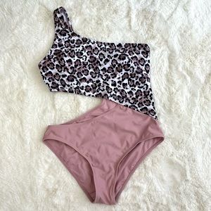 SweatyRocks One Shoulder One Piece Cutout Monokini Pink Leopard Swimsuit…